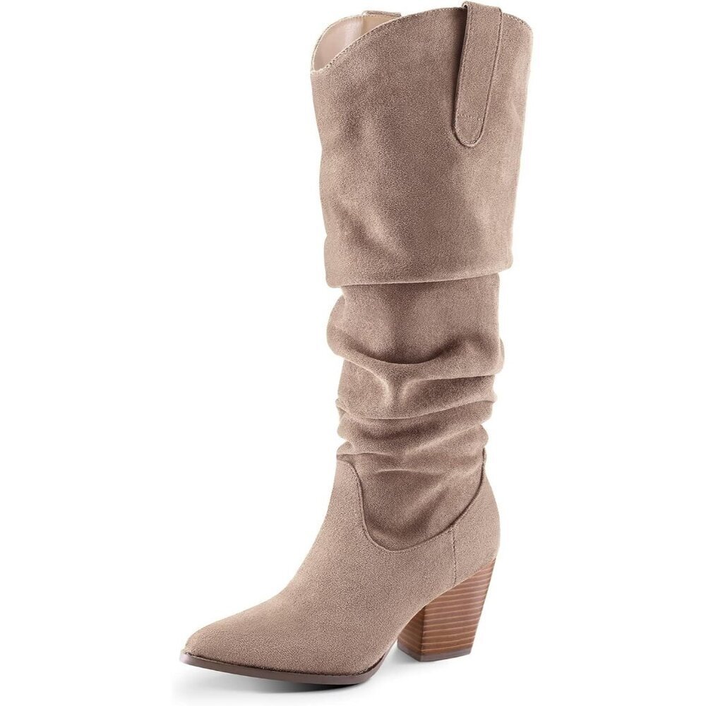 Women's Taupe mysoft Cowboy Knee-High Boots Pointed Toe Mid Heel Pull On Slouchy